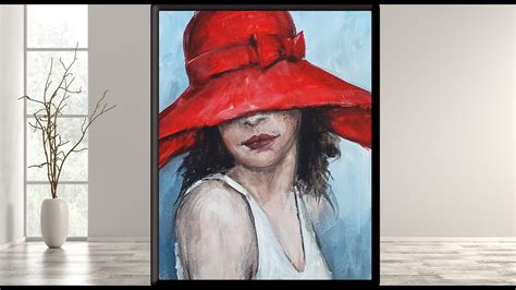 Lady In Red Hat Acrylic Step By Step Acrylic Painting On Canvas
