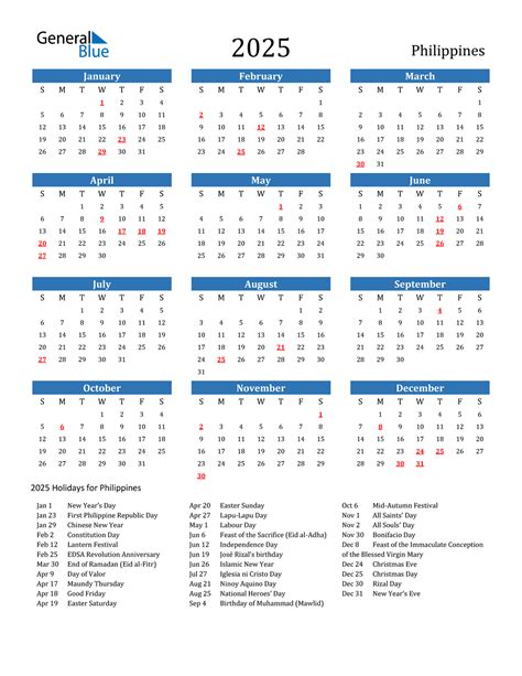 2025 Philippines Calendar With Holidays