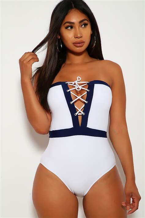 Sexy White Navy Front Lace Up Strapless One Piece Bandeau Swimsuit Women Of Edm