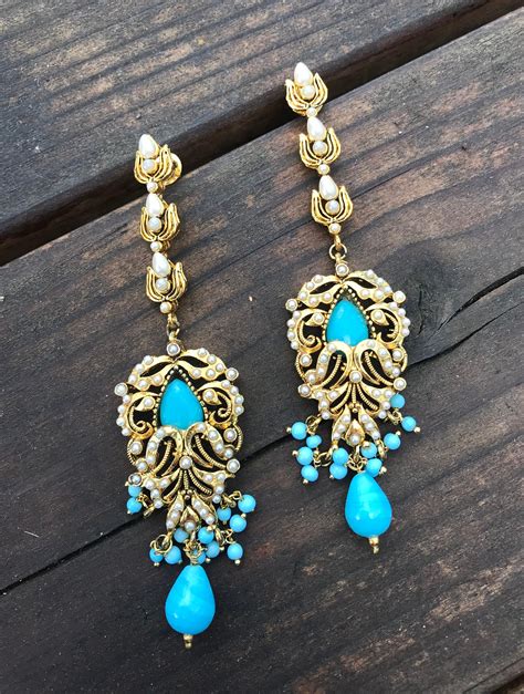 Turquoise Gold Victorian Chandelier Earringsbridal Chandelier Etsy