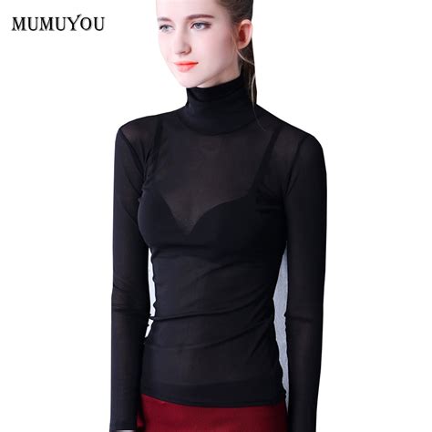 Buy Women Mesh Shirt Turtleneck Long Sleeve Spring