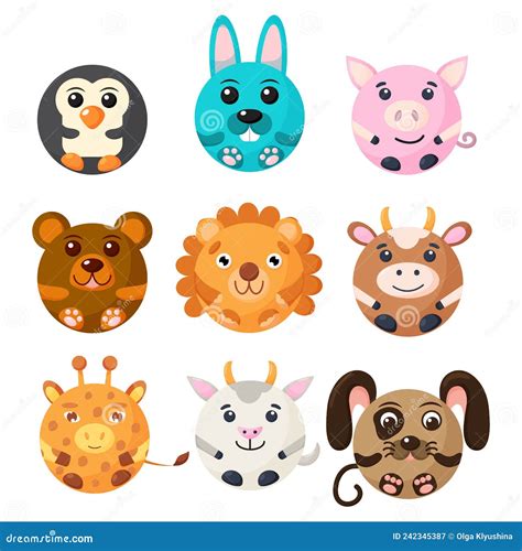 Cute Cartoon Round Animals Face Vector Zoo Sticker Isolated On White
