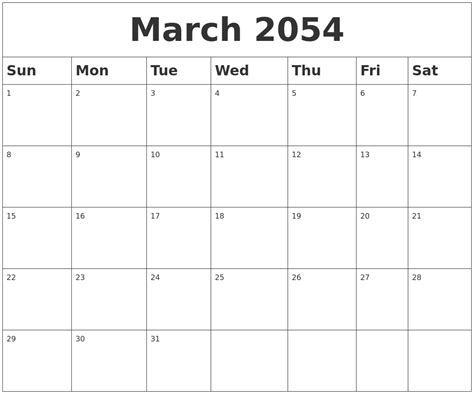 March 2054 Blank Calendar