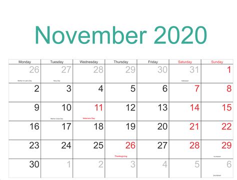 November 2020 Federal Holidays Calendar Holiday Calendar Calendar