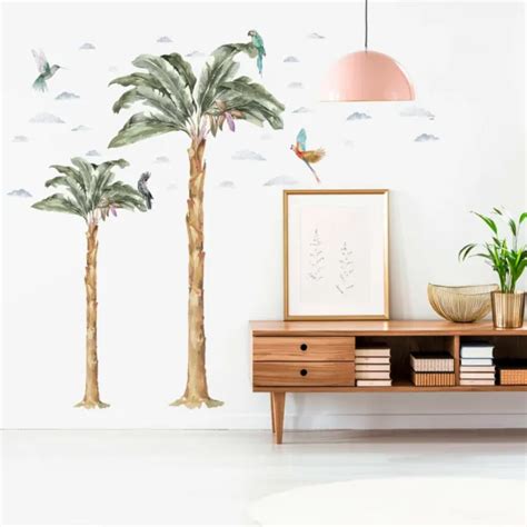 Jungle Coconut Tree Palm Trees Wall Fabric Decal Set Sticker Room Birds