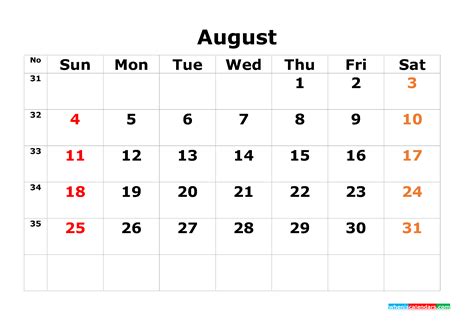 Printable Calendar Template August 2019 As Pdf And Image