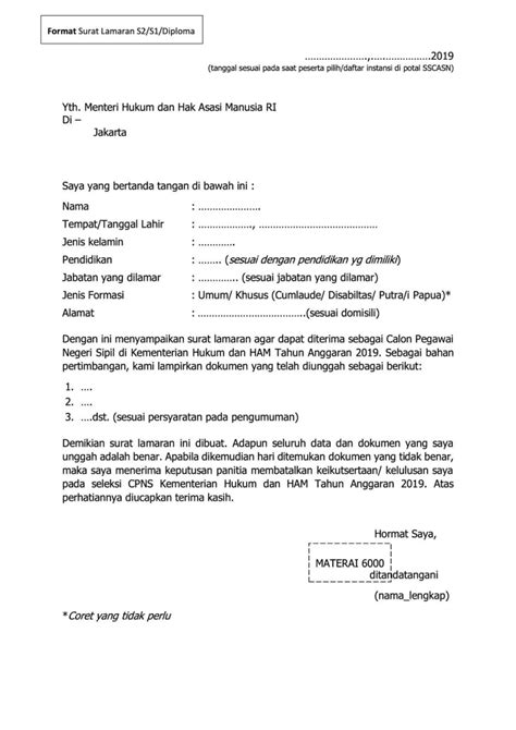 Bagi anda yang membutuhkan contoh surat lamaran cpns kementerian hukum dan hak asasi manusia dengan ini menyampaikan surat lamaran dan dokumen persyaratan agar dapat diterima sebagai calon pegawai negeri sipil di kementerian hukum dan ham tahun anggaran 2019. Contoh Format Surat Lamaran CPNS Kemenkumham SLTA/D3/S1/S2 Tahun 2019