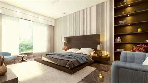 White walls, black and white furniture. ArtStation - 3d Interior Render - Master-bed, Shubham Meena