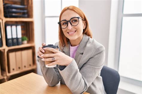 Young Caucasian Woman Business Worker Smiling Confiden Drinking Coffee