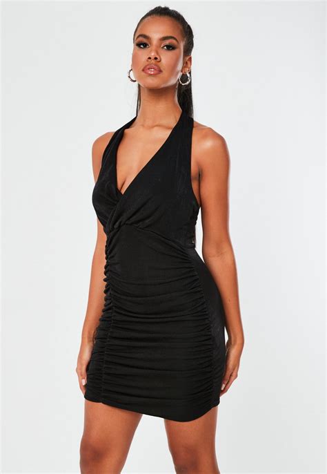 Black Slinky Halterneck Ruched Mini Dress Missguided