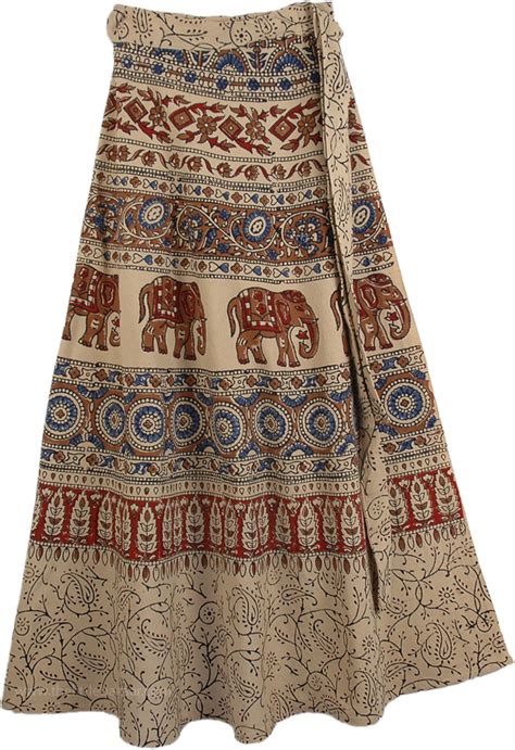 Indian Khaki Ethnic Long Wrap Skirt Beige Wrap Around Skirt Misses Printed Elephant Indian