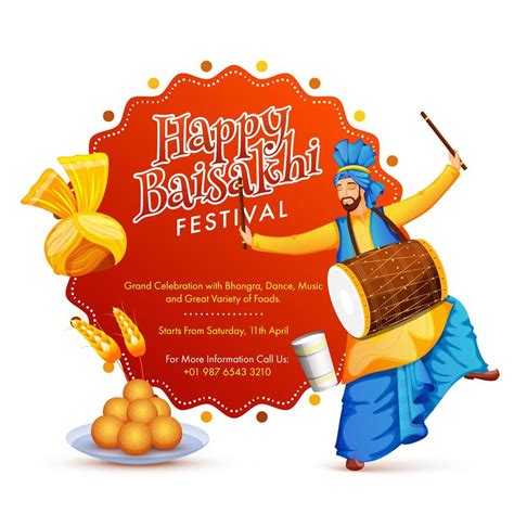 Happy Baisakhi Festival Invitation Card With Punjabi Man Playing Dhol