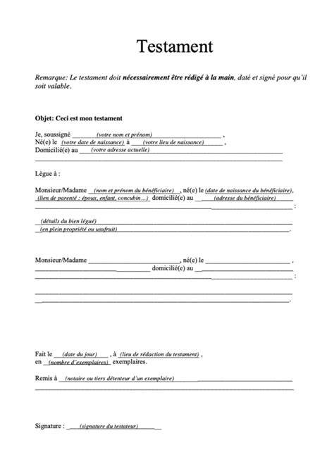 Formulaire pour les dernières volontés et testament  Formulaire