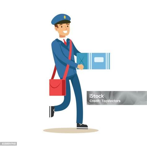 Tukang Pos Berseragam Biru Antarkan Surat Bawa Parsel Bax Karton Penuhi