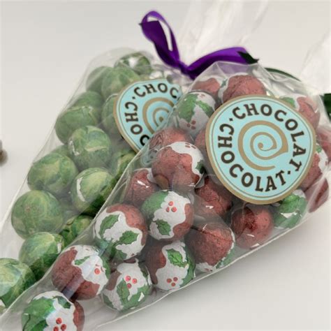 Christmas Brussels Sprouts And Puddings Foiled Balls In Cone Bag Chocolat Chocolat