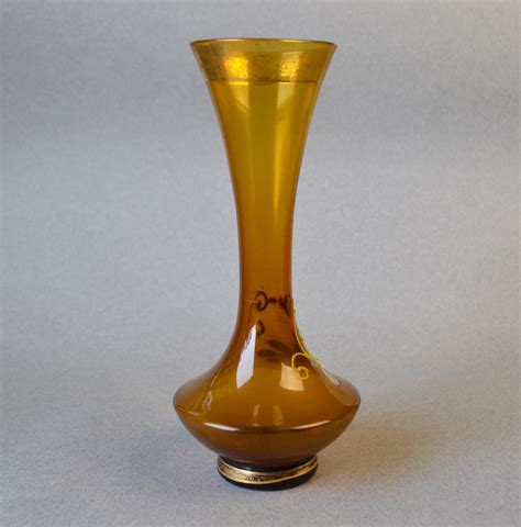 Victorian Amber Glass Bud Vase With Moriage Flowers 7 Inches Etsy