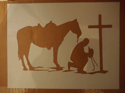 Cowboy Kneeling Praying At Cross With Horse Custom Stencil Etsy