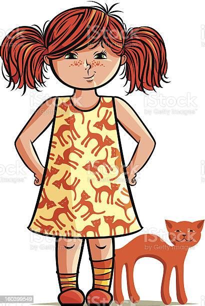 Small Redhead Girl With Red Cat Stock Illustration Download Image Now