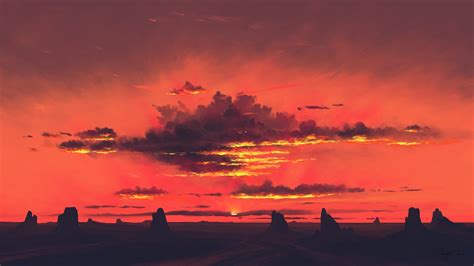Digital Painting Landscape Sunset Clouds Red Sky Bisbiswas Wallpaper