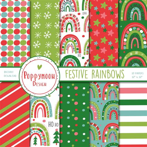 Festive Rainbow Patterns Christmas Digital Papers Scrapbook Paper