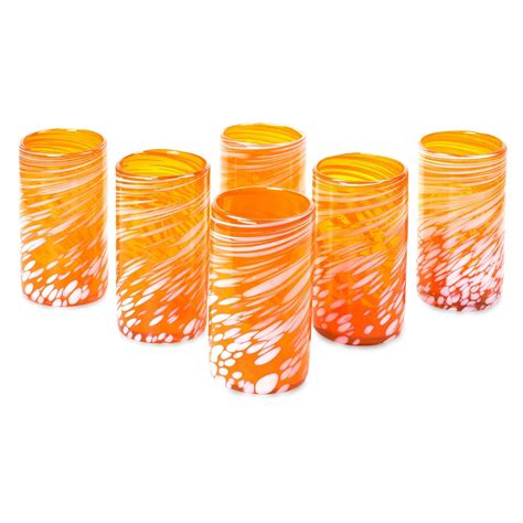 Handmade Colorful Festive Orange Glassware Or Barware Everyday Or Entertaining Multicolor Set Of