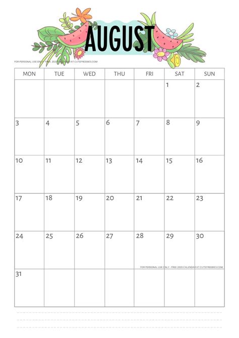 The August Calendar With Watermelon And Leaves On It Is Shown In This