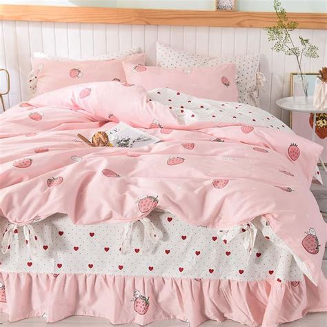 Choose from fitted sheets or flat sheets in a range of sizes, depths and soft colours. Kawaii Strawberry Bedding Set JK1545 | Bedding set, Pink ...
