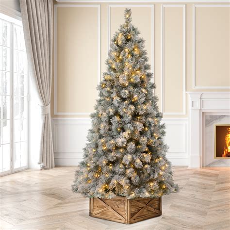 Glitzhome Pre Lit Snow Flocked Artificial Spruce Christmas Tree With Warm White Lights Walmart