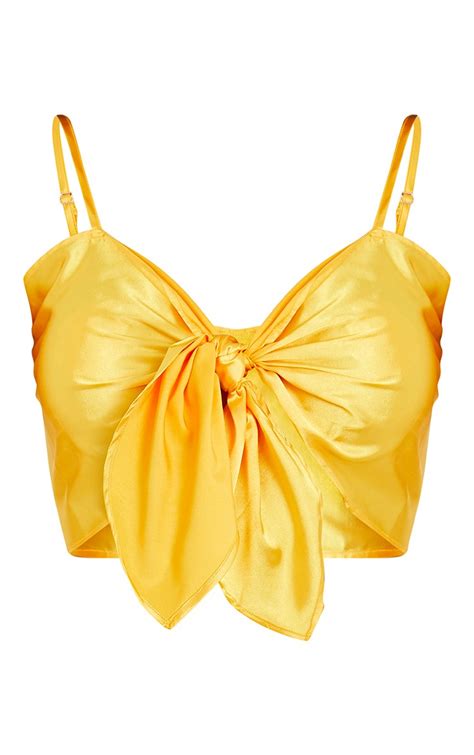 Chrissy Yellow Satin Bow Tie Crop Top Tops Prettylittlething Usa