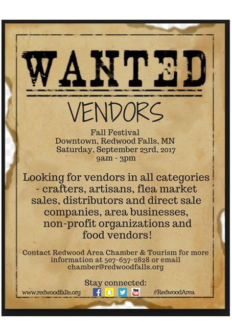 To expedite the application process, vendors are. Fall Festival Vendors Wanted! | Redwood Area Chamber & Tourism