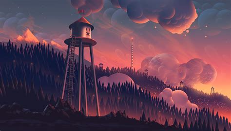 2048x1152 Watchtower Clouds Forest Mountain Landscape Digital Art