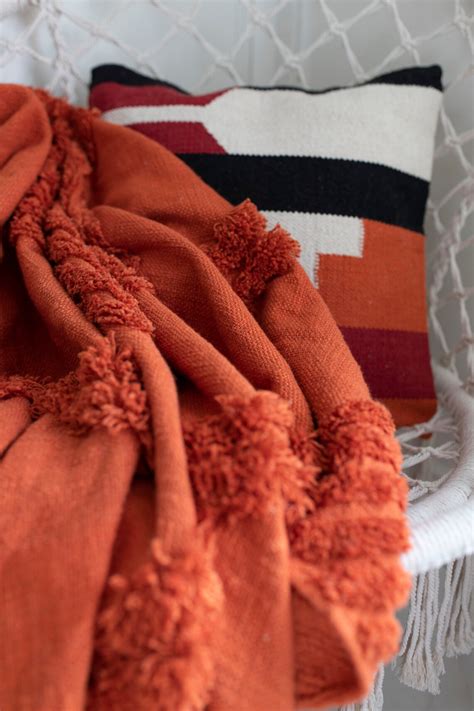 Rust Burnt Orange Cotton Woven Throw Blanket With Tassels Etsy