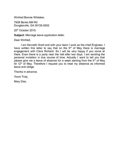 marriage leave application letter sample