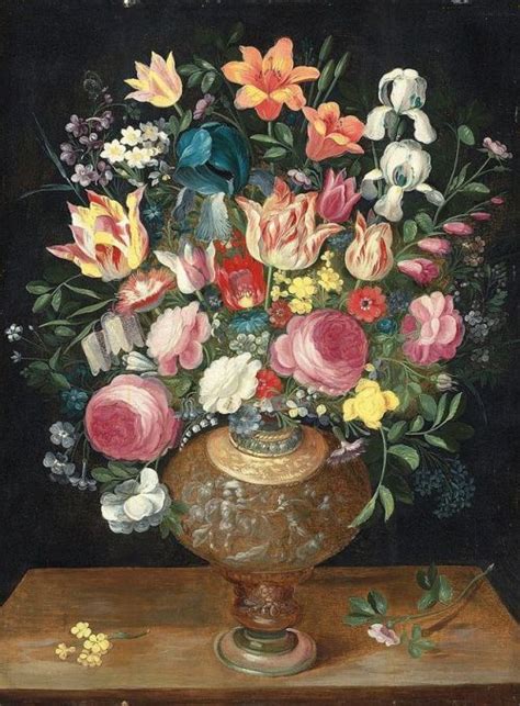 Still Life Of Flowers In A Sculptured Vase Flemish Circa 1600 Oil