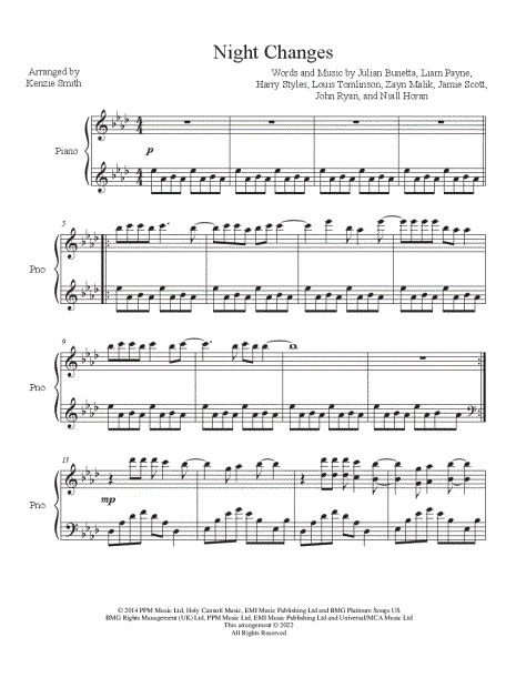 Kenzie Smith Night Changes Sheet Music Piano Solo In Ab Major