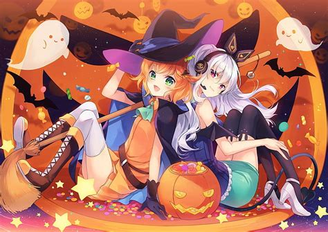 Chicas Anime Halloween Sombreros De Brujas Calabazas Fantasmas