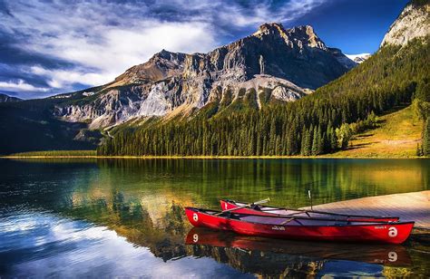 Landscape Nature Lake Mountain Forest Canoes Water