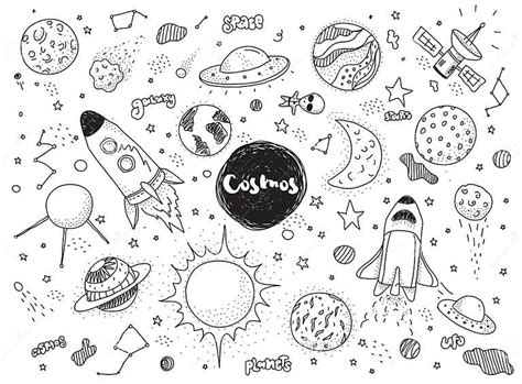 Cosmic Objects Set Hand Drawn Vector Doodles Rockets Planets