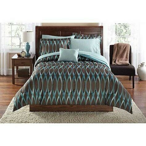 Mainstays Teal Brown Wavy Reversible 8 Piece Complete Bedding Set