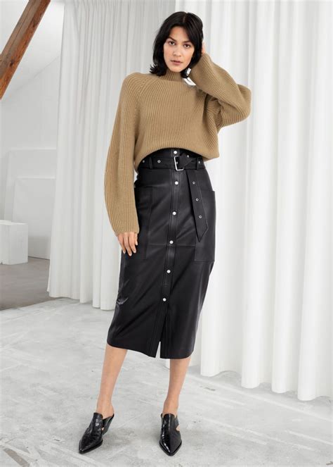 Belted Leather Midi Skirt Leather Midi Skirt Long Leather Skirt
