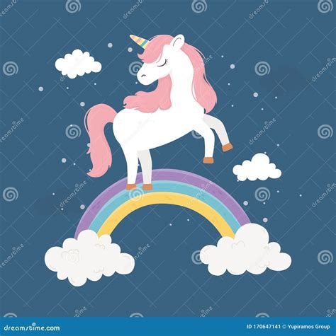 Unicorn On Rainbow Clouds Fantasy Magic Dream Cute Cartoon Stock Vector