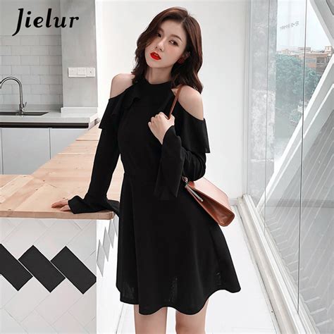 Jielur Hollow Sexy Off Shoulder Dress Black S Xl Korean New Autumn Long Sleeve Dress For Women