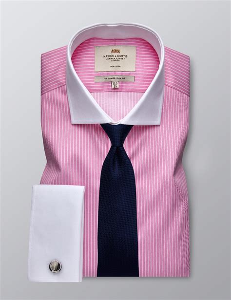 Men S Formal Pink White Bi Colour Stripe Slim Fit Shirt Double Cuff