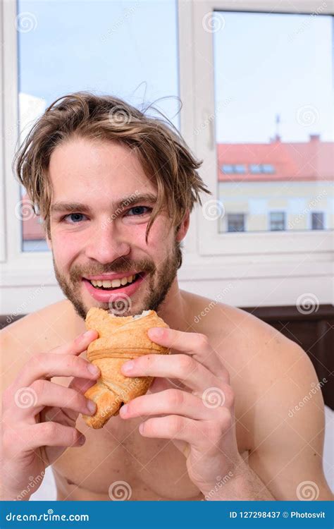 Guy Bites Sweet Dessert Man Bearded Handsome Guy Eating Breakfast In