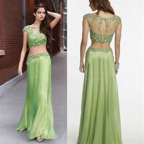 Cap Sleeve Embellished Chiffon Two Piece Prom Dress Clover Green Prom
