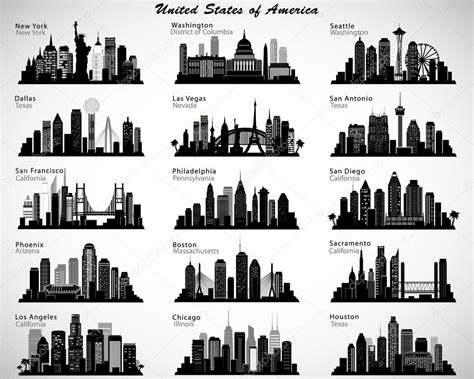 Usa Cities Skylines Set Vector Silhouettes — Stock Vector © Marisa