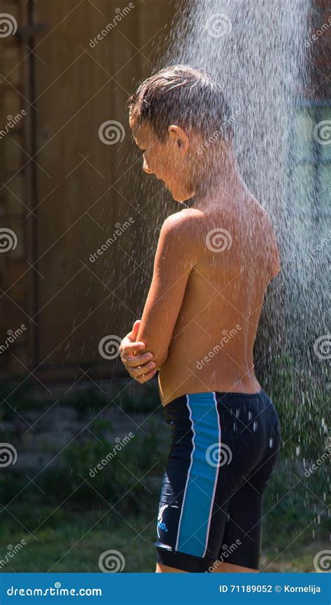 Boy Under A Shower Stock Photo Image Of Back Child 71189052