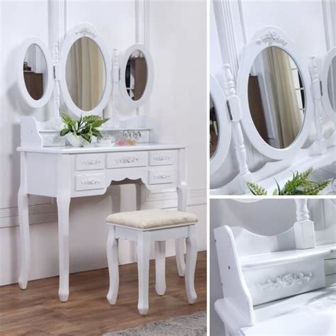 Coiffeuse blanche table de maquillage avec tiroir de design vintage et tabouret. Coiffeuse blanche avec siège et 3 miroirs | Coiffeuse ...
