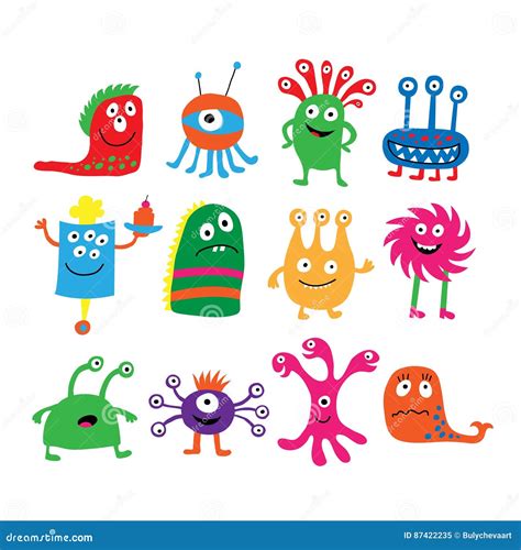 Collection Of Different Colored Cute Funny Monsters Stock Vector