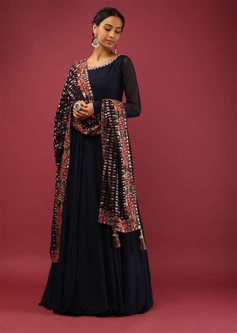 Navy Blue Anarkali Suit In Georgette With A Multi Colored Resham And Abla Embroidered Dupatta In